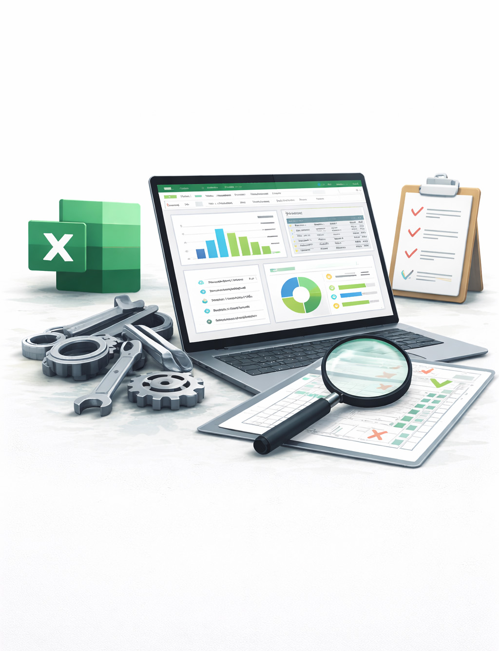 Illustration eines Laptops mit Excel-Dashboard, daneben Klemmbrett, Lupe und Maschinenbauteile zur Analyse von Produktions- und Projektdaten im Maschinenbau.