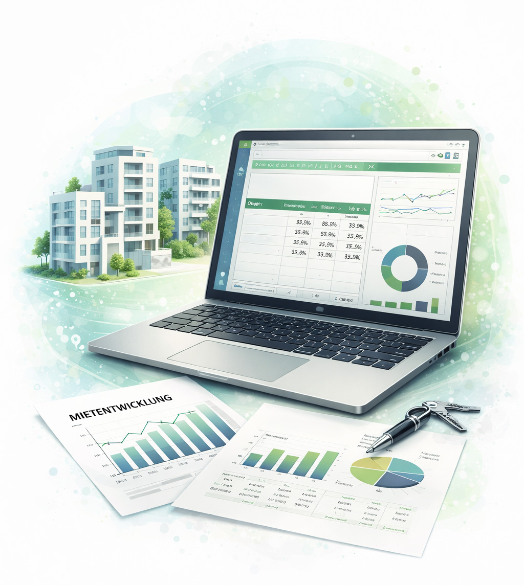 Laptop mit Excel-Dashboard zur Immobilienanalyse, mit Wohngebäuden im Hintergrund und gedruckten Reports zu Mietentwicklung und Rendite
