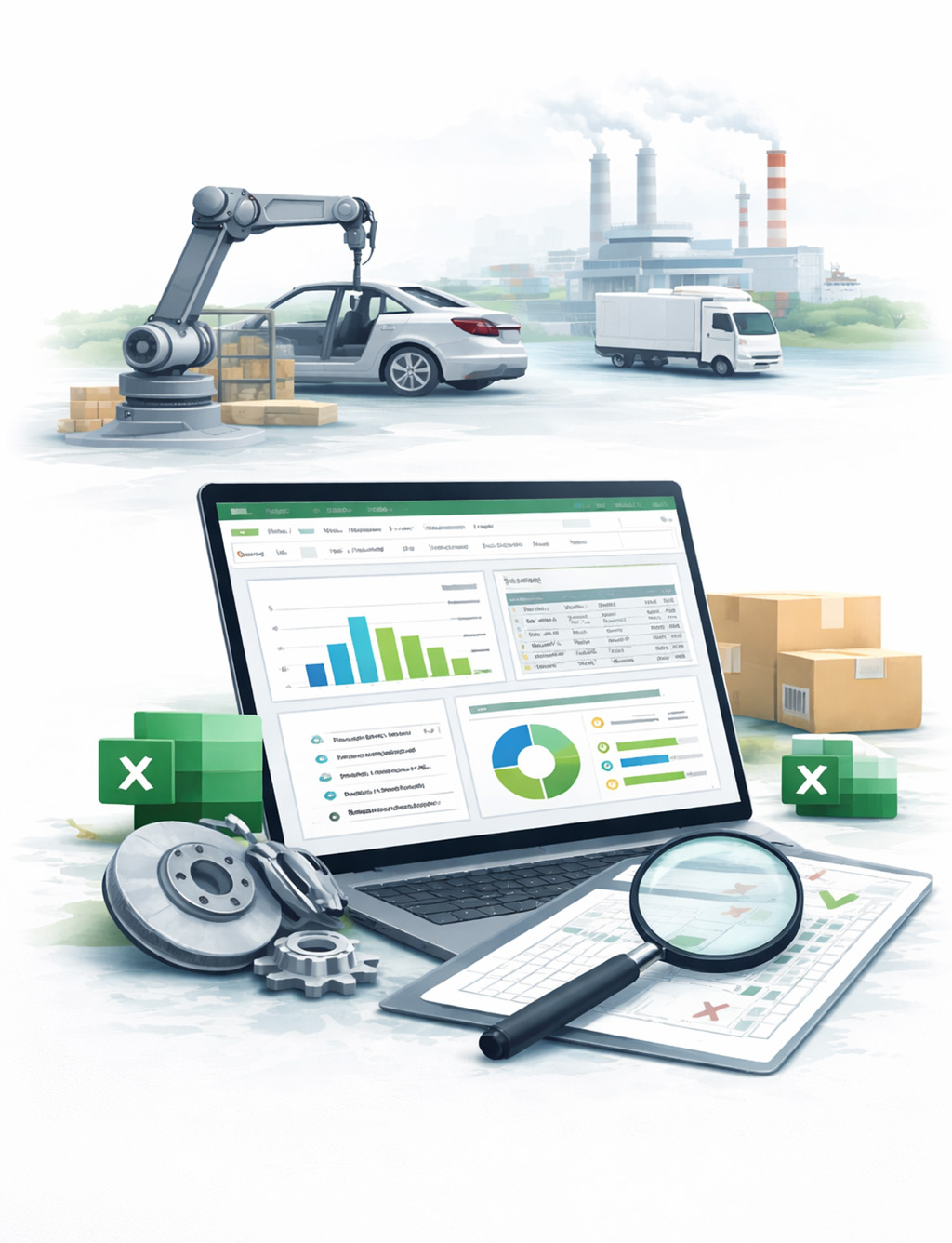 Illustration eines Laptops mit Excel-Dashboard zur Analyse von Produktions-, Qualitäts- und Lieferketten-Daten in der Automobilzulieferindustrie.