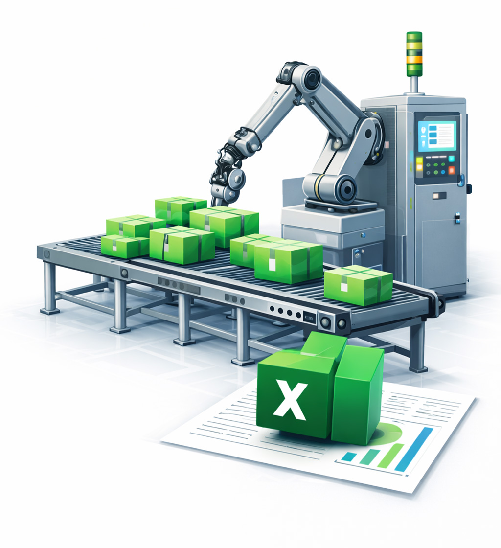 Automatisierte Produktionsanlage mit Roboterarm und Förderband, verbunden mit Excel-Dashboard zur Analyse von Produktionsdaten in einem Manufacturing Execution System (MES).