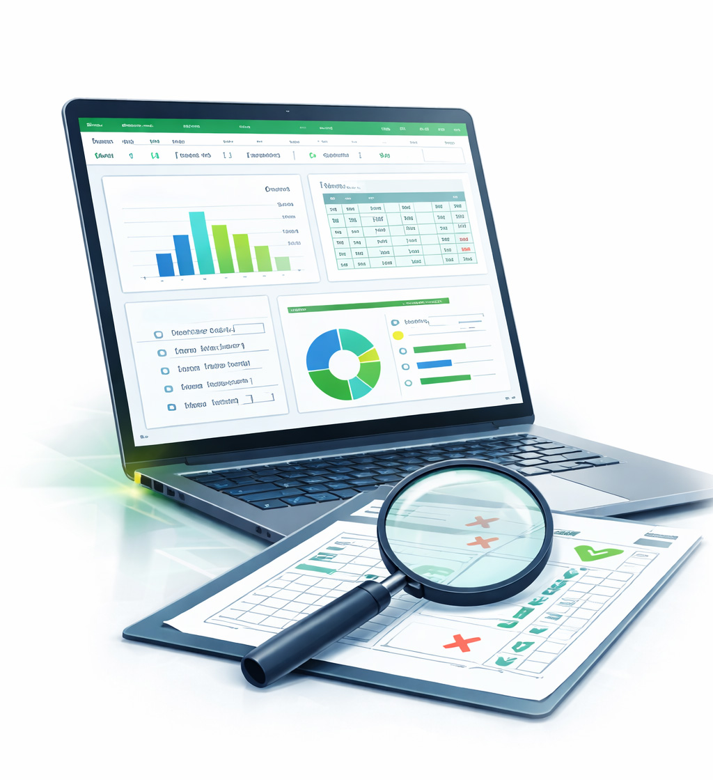 Laptop mit Excel-Dashboard zur Qualitätsanalyse sowie Prüfplan-Dokumente und Lupe zur Fehleranalyse im Qualitätsmanagement.